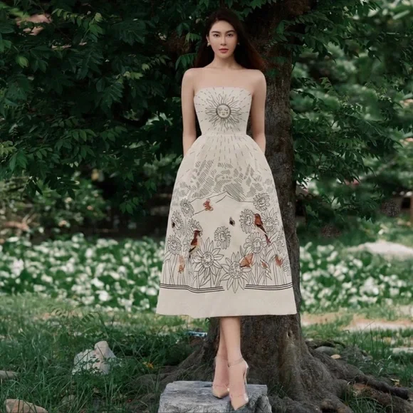 Solairè Runway Sexy Strapless  Midi Dress, Boho Resortwear Luxury Gown - Picture 2 of 14